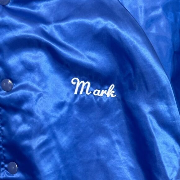 Vintage Blue Satin Starlite Bowl RENO NV Bowling Alley MARK Men’s L Jacket NICE - Picture 3 of 5
